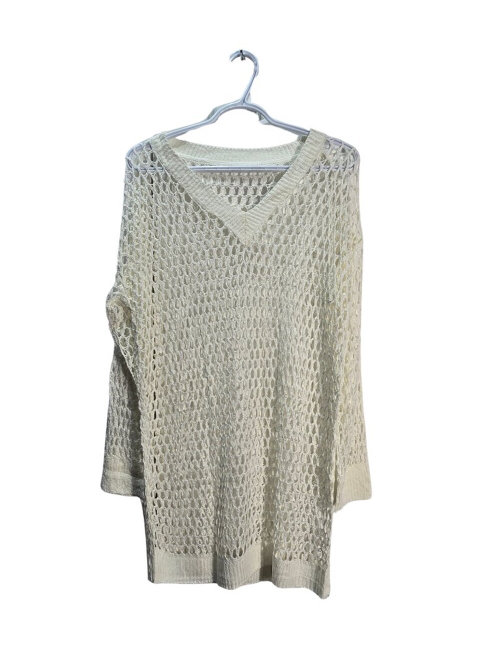 NWT | White Open-Knit Crochet V-Neck Long Sleeve Swimsuit Cover-Up Medium - Picture 2 of 5
